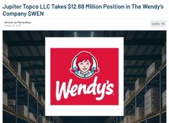 The image displays a news headline stating "Jupiter Topco LLC Takes $12.68 Million Position in The Wendy's Company $WEN," alongside the iconic Wendy's logo, reinforcing the post's message about coordinated retail and institutional investment activity in Wendy's ($WEN) stock.