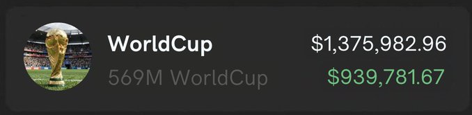"World Cup" has been tagged as a theme for this image, which features a screenshot of the image of a soccer trophy labeled "World Cup" with its value of $1,959,816 set out against a green background. This text, along with an overlay of money values indicating a worldwide exchange at the current moment, suggests that this is likely a news item about the World Cup and possibly an advertisement or promotional piece for a global event.