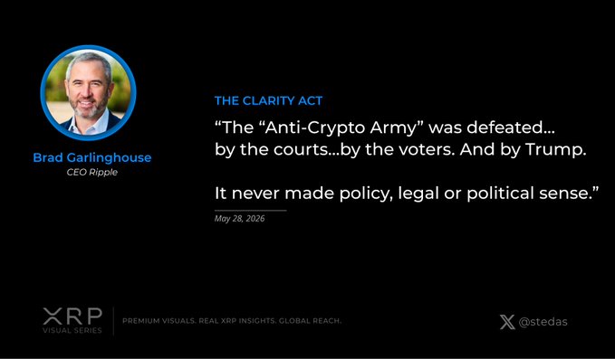 The image shows a man's face against a black background, with text that reads "The ' Anti- Crypt ' Army' was defeated... By the courts. by the voters. And by Trump, CEO of XRP". The caption below the image provides additional information about the post and its relation to the original image.