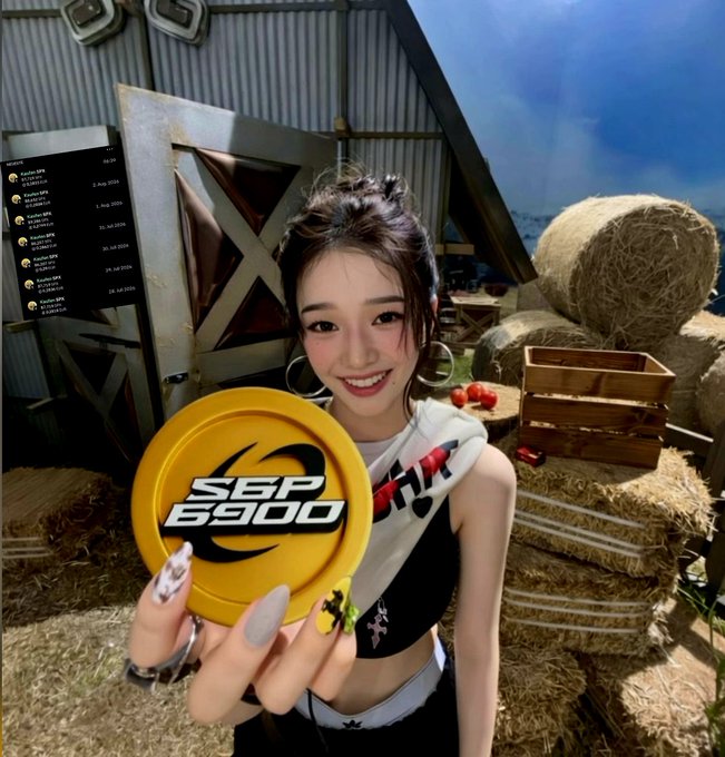 A woman holds a yellow disc displaying "SEP 6900" in front of a rustic backdrop with hay bales, aligning with the "Day 521 DCA #SPX6900" theme from the accompanying post.