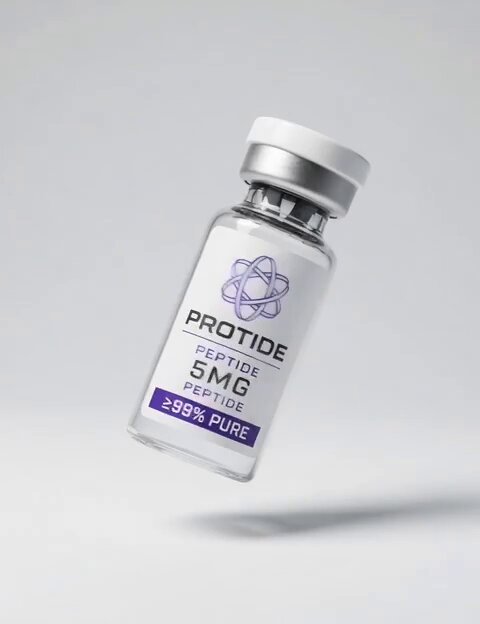 The image features a small glass bottle filled with a white substance, which appears to be a type of medicine or supplement. The label on the bottle displays the text "Protide 5mg PMG", indicating that it contains a mixture of Protide and PMG compounds. The bottle is placed against a plain gray background, making its contents stand out prominently.