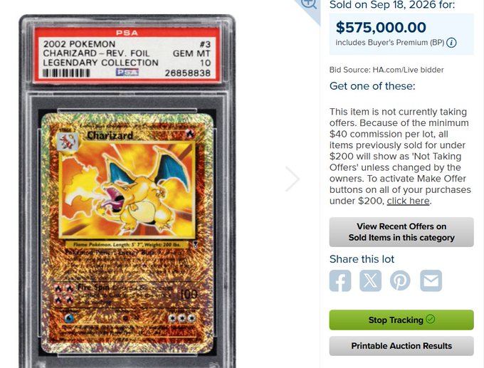 A PSA GEM MT 10 2002 Pokémon Legendary Collection Reverse Holo Charizard sold for $575,000 on Sep 18, 2026, highlighting the staggering appreciation of the card compared to the $30,000 price just one summer prior referenced in the post.