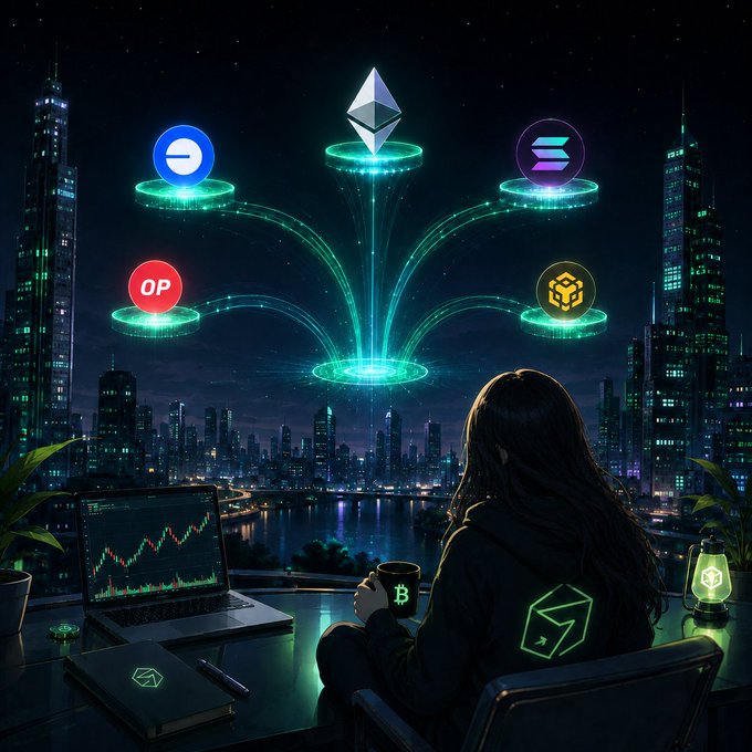Illustration of a hooded figure holding a Bitcoin mug, with a laptop showing a crypto chart and holographic cryptocurrency logos (Ethereum, Solana, OP, BNB) floating above a futuristic city skyline at night.