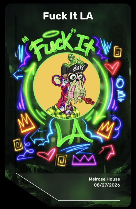 A neon-styled event poster featuring the text 'Fuck It LA' at the top and 'Melrose House 08/27/2026' at the bottom, centered around a cartoon character wearing a 'BAIL' hat inside a yellow circle, surrounded by colorful graffiti elements.
