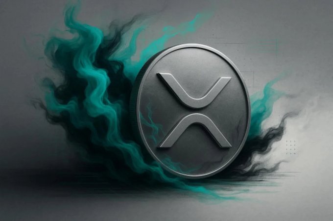 A 3D-rendered metallic silver coin featuring the XRP cryptocurrency logo, surrounded by swirling teal and black smoke effects.