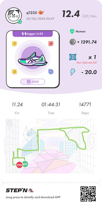 A STEPN app screenshot showing a jogger profile (sj1235) with a sneaker NFT, earning 12.4 GST/Min with +1291.74 earnings, showing stats of 11.24 Km, 01:44:31 time, and 14771 steps.