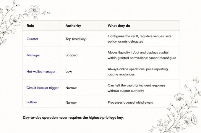 The image displays a hierarchical role table for a vault, listing five roles—Curator (top cold key), Manager (scoped), Hot-wallet manager (low), Circuit-breaker trigger (narrow), and Fulfiller (narrow)—each with their authority level and responsibilities, concluding with the note "Day-to-day operation never requires the highest-privilege key." This visualizes the tiered governance structure referenced in the post, illustrating how DeFi protocols distribute authority across roles to separate high-privilege configuration from everyday operations.