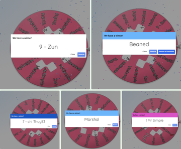 A series of spinning wheel name-picker interfaces where users have won names like 'Zun', 'Beoned', 'Thug95', 'Marshal', and 'I Hit Simple' from a prize wheel.