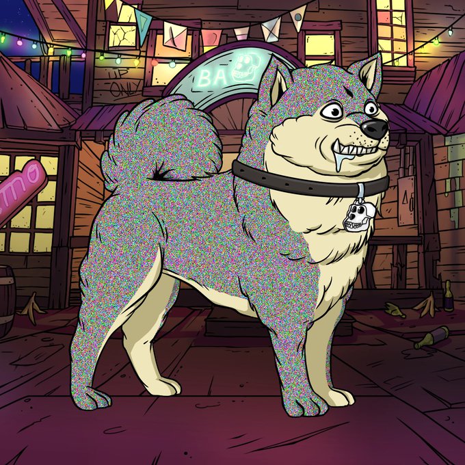 The image features a cartoon dog with a collar that has a skull charm hanging from it. The dog appears to be standing on a wooden floor, possibly at a pet store or a similar location. The background of the image includes a building and some trees, giving the scene an urban feel. There is also text in the image that reads "Fine print says, "Holding a BAYC, MAYC, or BAKC counts" Dogs are members now." This suggests that there might be a registration system for dogs in this area, possibly requiring them to have a specific type of collar with a skull charm.