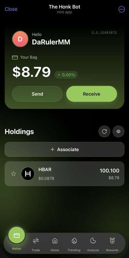 A screenshot of "The Honk Bot" mini app wallet dashboard for user "DaRulerMM" showing a balance of $8.79 and 100.100 HBAR holdings. The image visually reinforces the post's $HBAR giveaway challenge by displaying the wallet's HBAR holdings tied to the mentioned user.