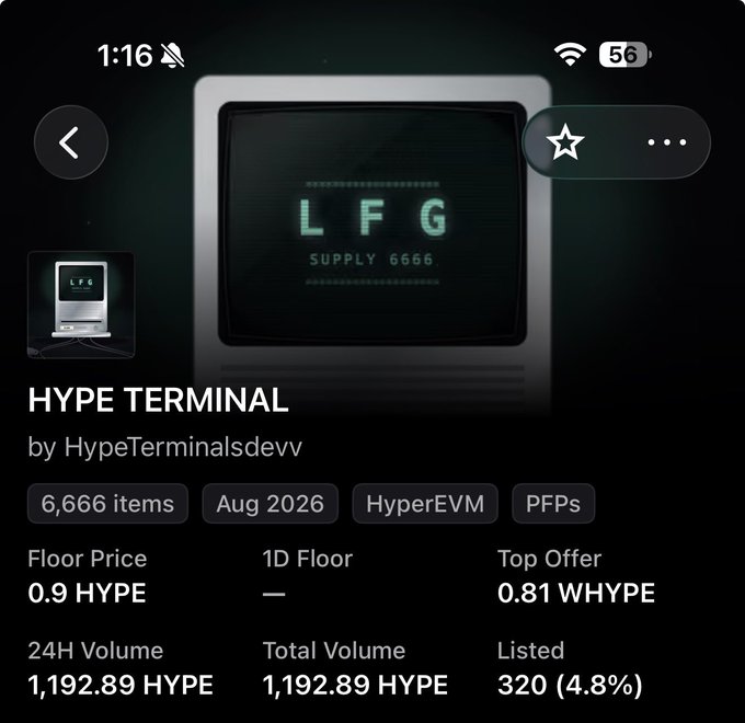 A mobile screenshot of an NFT collection called 'HYPE TERMINAL' by HypeTerminalsdevv, showing a vintage CRT monitor displaying 'LFG SUPPLY 6666'. It lists 6,666 items, August 2026 launch on HyperEVM for PFPs, with a floor price of 0.9 HYPE and 24H volume of 1,192.89 HYPE.