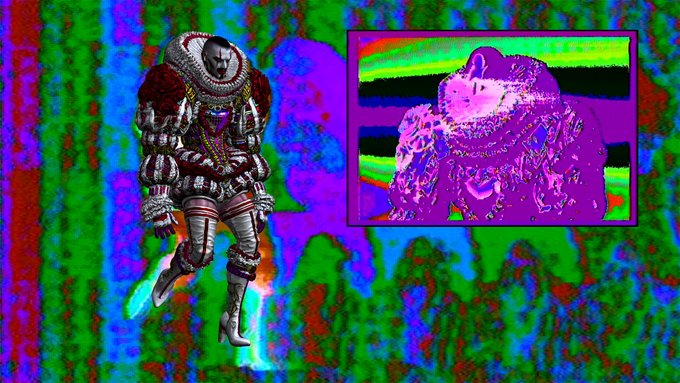 A glitchy, psychedelic digital artwork showing a figure in Renaissance-style clothing with an inset image of a similarly distorted figure in purple tones.
