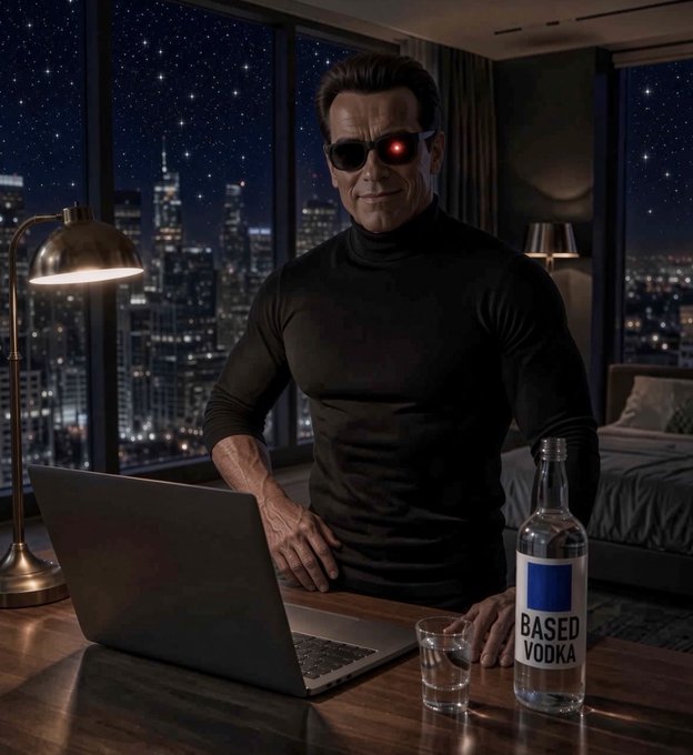 A muscular man wearing a black turtleneck and dark sunglasses with a glowing red eye stands in a high-rise apartment at night, with a laptop and a bottle labeled 'BASED VODKA' on the desk.