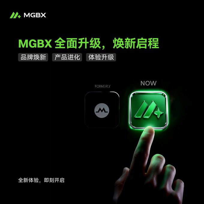 A promotional graphic for MGBX with green Chinese text announcing a full upgrade and brand refresh, showing a 'formerly' gray logo alongside a new glowing green 'NOW' icon being pressed by a finger.
