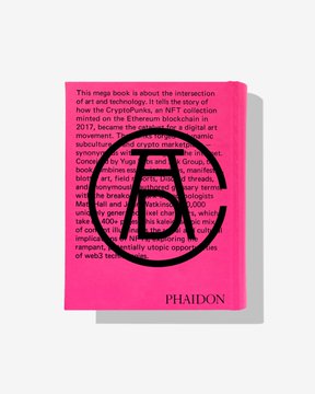 A pink-covered Phaidon megabook titled 'NFT' about the intersection of art and technology, featuring a large black graphic of interconnected letter 'A's.