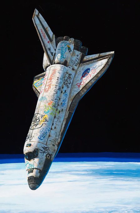 A graffiti-covered space shuttle, adorned with colorful signatures and messages, re-enters Earth's atmosphere against the black backdrop of space. Visible text includes phrases like "MAY THE FORCE BE WITH YOU," "BYE BYE BABY," and "BORN TO BE WILD," suggesting a humorous or artistic reimagining of the shuttle as a "party in the sky."