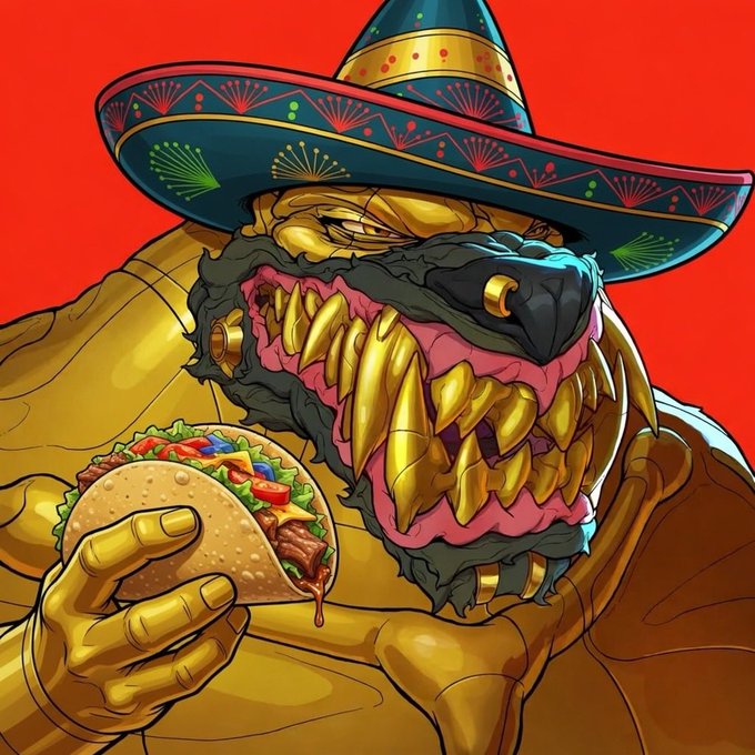 A digital illustration of a menacing gold-colored figure wearing a sombrero and gold grillz, holding a taco against a red background.