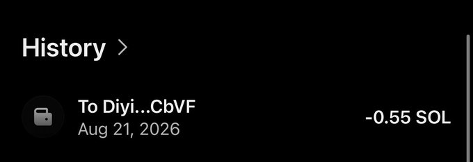 A transaction record showing a transfer of 0.55 SOL sent to an address beginning with "Diyi...CbVF" on August 21, 2026, likely serving as visual proof of a giveaway winner being paid out.