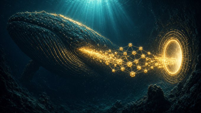 A digital artwork depicting an underwater scene where a large whale emits a stream of glowing golden particles shaped like a network node graph, leading toward a glowing circular portal.