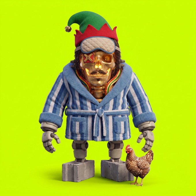 A 3D-rendered character with a metallic gold skull face, wearing a green-and-red elf hat, a striped bathrobe, and white gloves, stands on concrete blocks next to a small brown chicken against a bright green background.