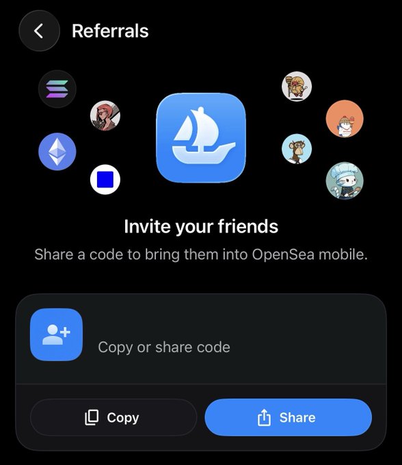 OpenSea mobile referrals screen with the tagline 'Invite your friends - Share a code to bring them into OpenSea mobile,' featuring various NFT avatar illustrations surrounding the OpenSea sailboat logo and Copy/Share code buttons.