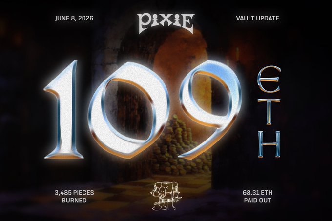 The image features a poster for a video game called "Pixie". The poster displays the number 109, which represents the eth coin used by players in the game. It also mentions that the game has been updated with a new eth coin system, as well as a new vault update. The text on the poster indicates that the game is now available for purchase at the Pixie Chess Vault and that all proceeds will be donated to charity.
