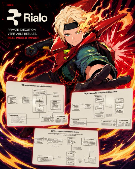 A promotional graphic for 'Rialo' featuring an anime-style character surrounded by flames, with the tagline 'PRIVATE EXECUTION. VERIFIABLE RESULTS. REAL WORLD IMPACT' and technical diagrams of TEE, FHE, and MPC execution.