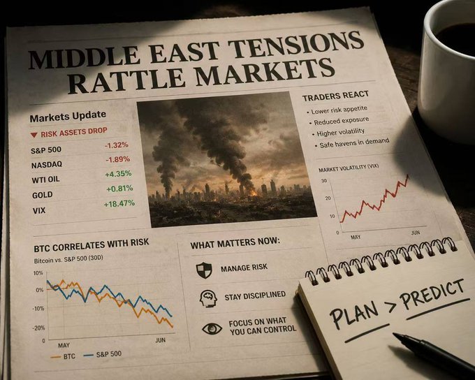 A newspaper titled 'MIDDLE EAST TENSIONS RATTLE MARKETS' featuring market data including S&P 500 (-1.32%), NASDAQ (-1.89%), WTI OIL (+4.35%), GOLD (+0.81%), and VIX (+18.47%), alongside a chart titled 'MARKET VOLATILITY (VIX)' and a notepad reading 'PLAN > PREDICT'.