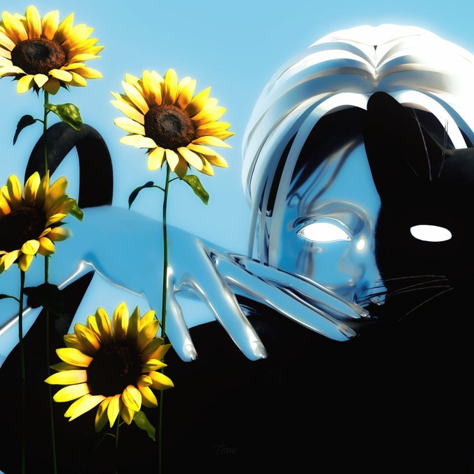 A digital artwork featuring sunflowers against a blue sky beside a black silhouette of a cat and a translucent, chrome-like hand.