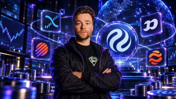 A confident man stands arms-crossed in a futuristic cityscape illuminated by glowing purple and blue lights, with holographic cryptocurrency symbols (including $INJ), coin stacks, and a digital globe orbiting around him, visually representing the post's emphasis on Injective's privacy-focused, quantum-resistant blockchain ecosystem and risk-conscious crypto investing.