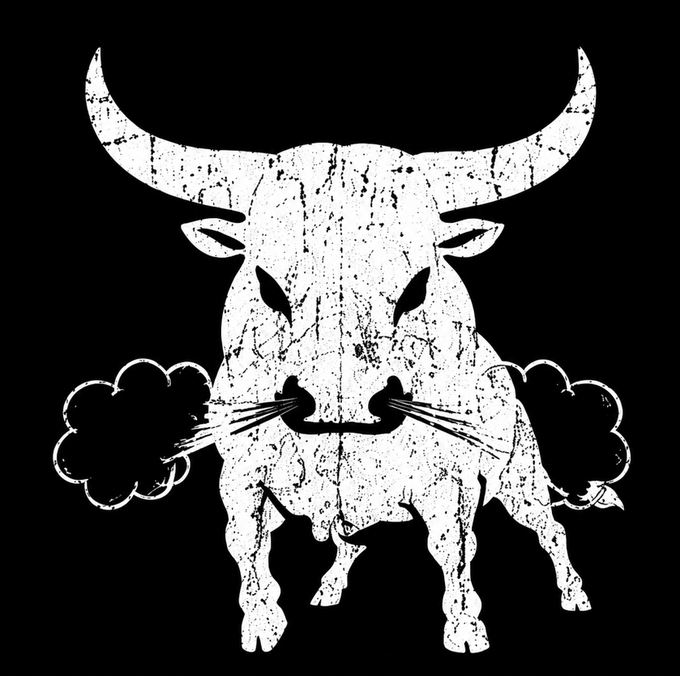 A distressed, high-contrast black and white graphic illustration of a bull exhaling clouds of smoke from its nostrils.