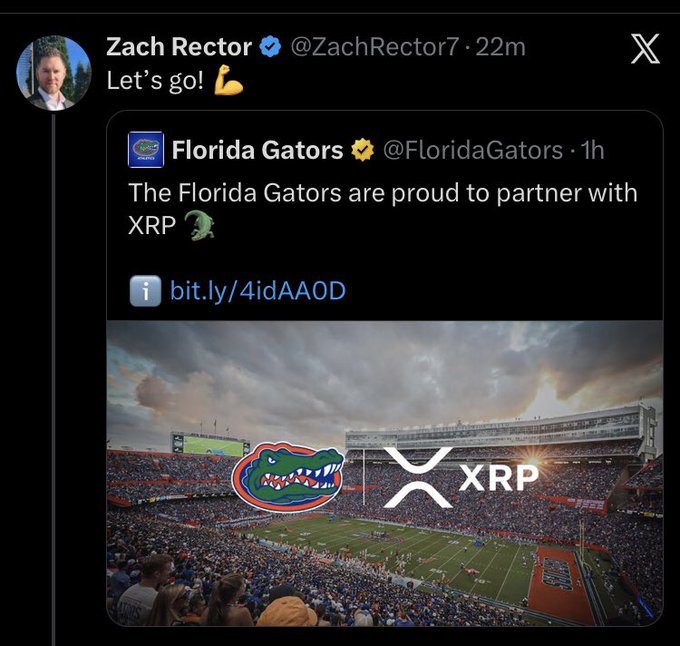 A screenshot of an X (Twitter) post by Zach Rector (@ZachRector7) saying 'Let's go!' featuring a quoted post from Florida Gators (@FloridaGators) announcing a partnership with XRP cryptocurrency, showing the Gators and XRP logos over a stadium.
