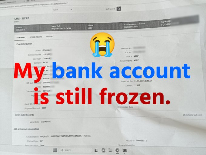The screenshot depicts a CMS-NCRP case detail page (Case ID 67540335) regarding a UPI transaction grievance, with a large crying emoji and bold text overlay reading "My bank account is still frozen," illustrating a user's frustration with unresolved P2P transaction disputes.