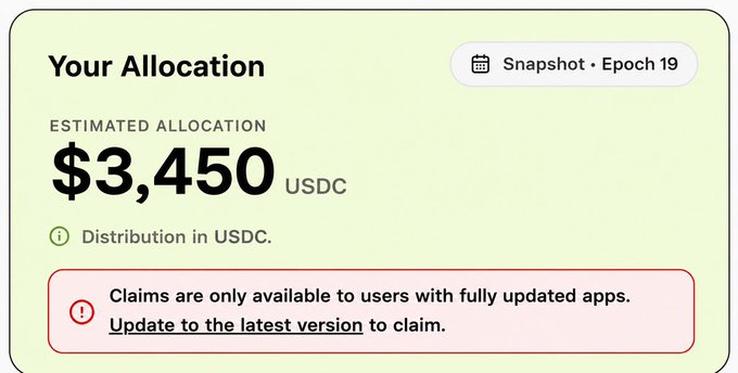 UI panel titled 'Your Allocation' showing an estimated allocation of $3,450 USDC for Snapshot Epoch 19, with a warning that claims require updating to the latest app version.