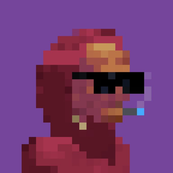 Pixel art illustration of a figure wearing dark sunglasses and what appears to be a red hood or hat, smoking a cigarette, against a purple background.