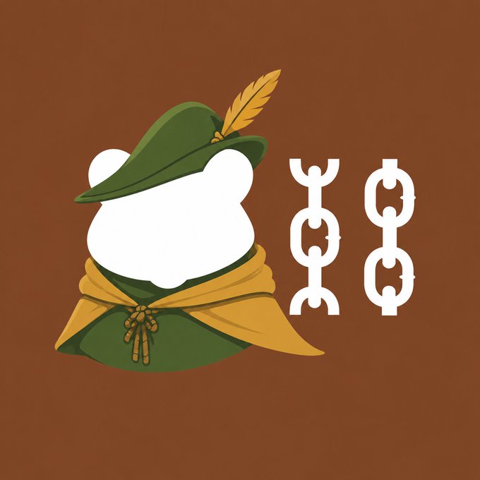 A flat design illustration features a white bear character wearing a green hat with a yellow feather and a yellow cape, displayed alongside decorative white chain-link symbols on a brown background.