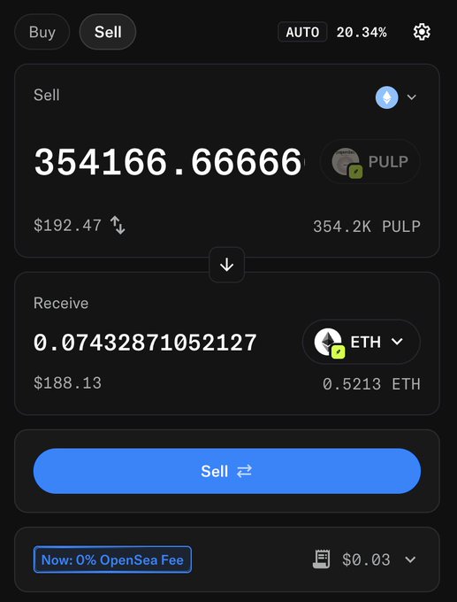 A mobile cryptocurrency exchange screen shows a 'Sell' transaction for 354166.66666 PULP tokens, with an expected receipt of approximately 0.07432 ETH (valued at $188.13).
