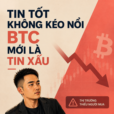 The image is a graphic featuring a man in a black jacket against a red background with a downward-trending chart and Bitcoin (₿) symbol. The Vietnamese text reads "TIN TỐT KHÔNG KÉO NỔI BTC, MƠI LÀ TIN XẤU" ("Good news can't lift BTC, only bad news can"), with a warning label "THỊ TRƯỜNG THIẾU NGƯỜI MUA" ("Market lacks buyers") at the bottom.

The image reinforces the post's point about BTC struggling to rally despite softer-than-expected US CPI data (headline 3.4%, core 2.5%), with the red downward chart visualizing how BTC remains stagnant around $63,500 due to a lack of buyers rather than any fundamental issue.
