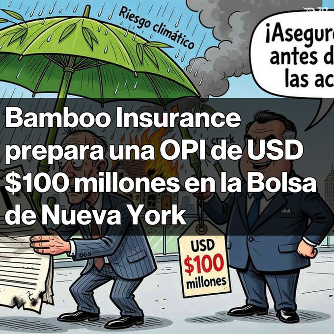 The image is a cartoon illustration showing two businessmen — one sheltering under a green umbrella labeled "Riesgo climático" (climate risk) and another holding a price tag reading "USD $100 millones" — with bold white text overlay stating "Bamboo Insurance prepara una OPI de USD $100 millones en la Bolsa de Nueva York," visually reinforcing the post's announcement about Bamboo Insurance's planned $100 million IPO on the NYSE to hedge climate-related risks.