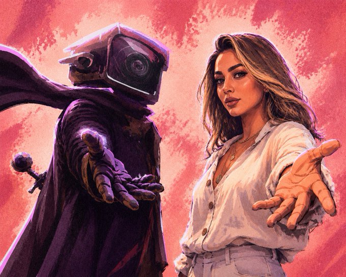 A stylized digital painting depicts a figure wearing a robotic surveillance camera head and dark robe reaching out alongside a woman with wavy brown hair, both extending their hands toward the viewer against a pink cloudy backdrop.