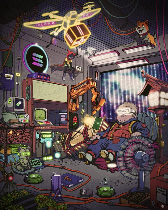 A stylized illustration featuring a Solana-branded 'BREAKPOINT' banner at the top, with a figure in a futuristic arcade-like room containing a Shiba Inu, neon drones, arcade machines, and Solana logos.