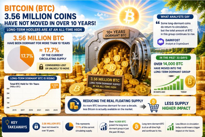 An infographic about Bitcoin stating 'BITCOIN (BTC) 3.56 MILLION COINS HAVE NOT MOVED IN OVER 10 YEARS!', noting this represents 17.7% of the circulating supply, with charts showing long-term dormant BTC rising and over 14,000 BTC moving into long-term dormancy in the past 30 days.