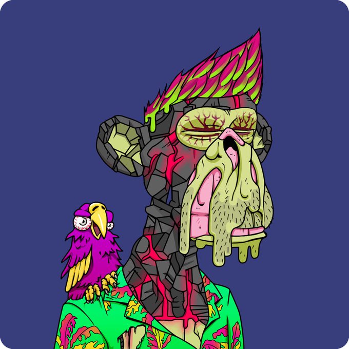 A vibrant psychedelic illustration featuring a large stone-like character with green dripping face features, colorful flame hair, and a pink bird perched on its green patterned shirt.
