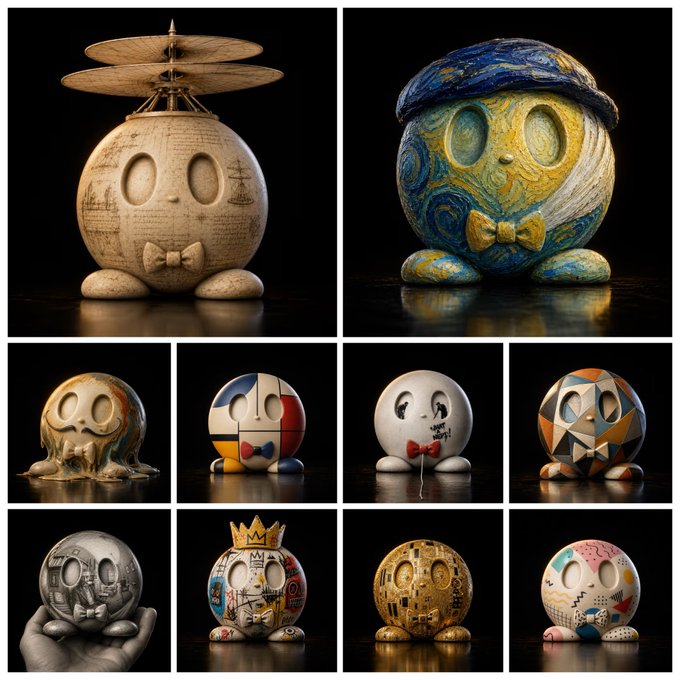 The image features a collage of nine different sculptures, each with unique designs and colors. The sculptures include various shapes such as balls, cubes, and other geometric forms. They are displayed against a black background, making them stand out prominently. The sculptures vary in size and color, showcasing the creativity and diversity of the artist's work. The post about these sculptures is titled "I can't take my eyes off these tribute to legendary artist Datties @datties_bowtie by @jun10r Dali was once throw to the floor. I just not fast enough for it." This description highlights the artistic nature and uniqueness of each sculpture, drawing attention to their individual characteristics and the inspiration behind them.