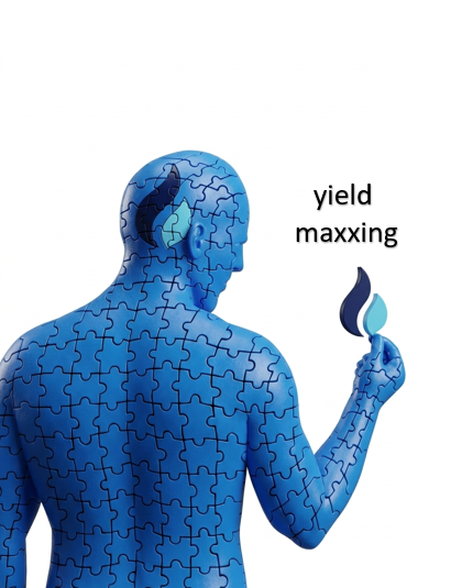 urn of blue puzzle pieces with a white "yield" label, held by a person wearing a blue body suit against a white background.