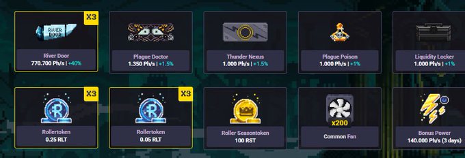 The image displays a RollerCoin game shop interface showing various purchasable items including a River Diver (x3, 770,700 PK/s +40%), Plague Doctor (x3, 1.350 PK/s +1.5%), Thunder Nexus, Plague Poison, Liquidity Locker, RollerToken (x3, 0.25 RLT), RollerShark (x3, 0.05 RLT), RollerSeasonToken (100 RST), Common Fan (x200), and Bonus Power (140,000 PK/s for 3 days). This relates to the post about the new "Plague City" expedition map in RollerCoin, showcasing themed items like the Plague Doctor and Plague Poison available in the game's marketplace.