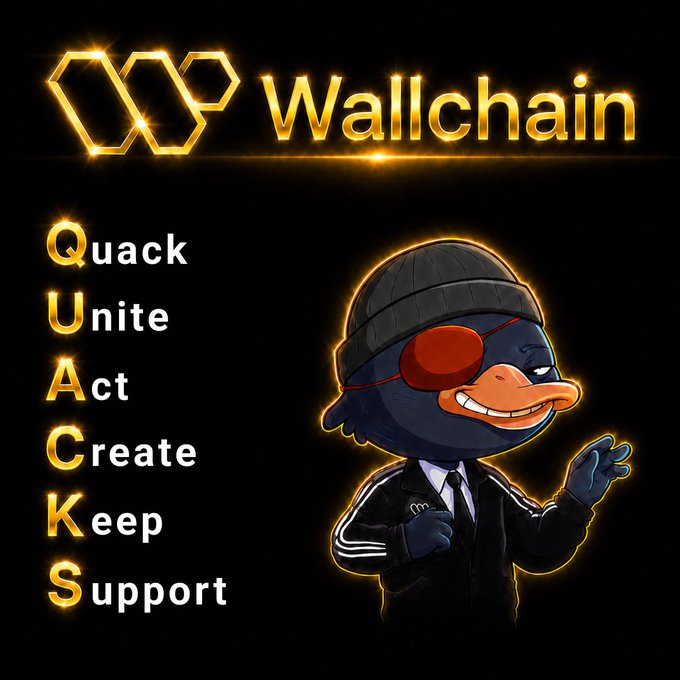 The image features a cartoon duck wearing a suit standing against a black background with gold lettering that reads "Wallchain Quack". The duck has a bandage on its eye and appears to be smiling. Below the duck, there are six bullet points written in white text providing information about the partnership between Wallchain and Quack.
