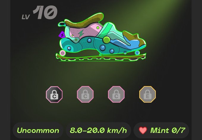 The image features a cartoon character, likely from the video game "Stepngo Runner", with a green shoe that has neon colors. The shoe appears to be glowing against the dark background of the screen. There are four different buttons on the screen, each labeled with numbers and letters such as "#Common" and "#8/20/0.2 kmh". These buttons might be used for controlling various aspects of the game or navigating through different levels.