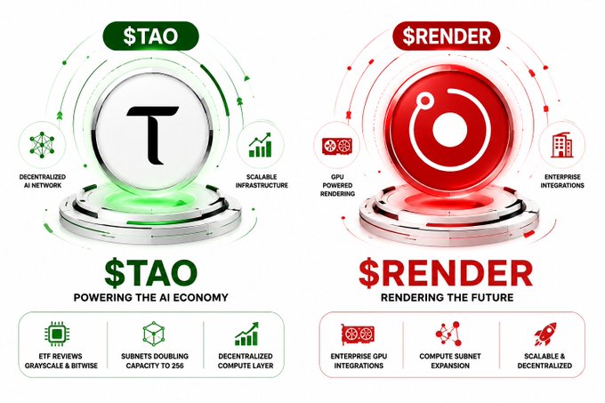 The image presents a side-by-side comparison of two cryptocurrencies: $TAO, labeled "Powering the AI Economy" with features like decentralized AI network, scalable infrastructure, and ETF reviews on Grayscale & Bitwise; and $RENDER, labeled "Rendering the Future" with features like GPU-powered rendering and enterprise integrations.

This visual reinforces the post's message by showcasing two major AI/crypto projects—$TAO and $RENDER—that have both suffered significant quarterly declines (35% and 34%, respectively), illustrating that even promising, innovative assets can feel painful to hold during drawdowns, making current price levels potential "best entries" for long-term believers.