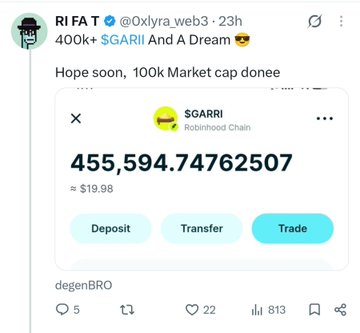 A screenshot of an X post by RI FA T (@0x1yra_web3) promoting '400K+ $GARII' token with a price display of '455,594.74762507' and options for Deposit, Transfer, and Trade.